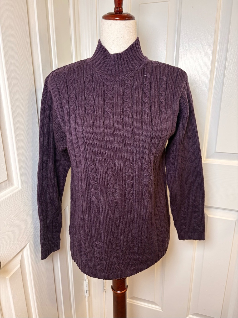 Vintage Plum Purple Cable Knit Mock Neck Sweater Classic Winter Petite Small